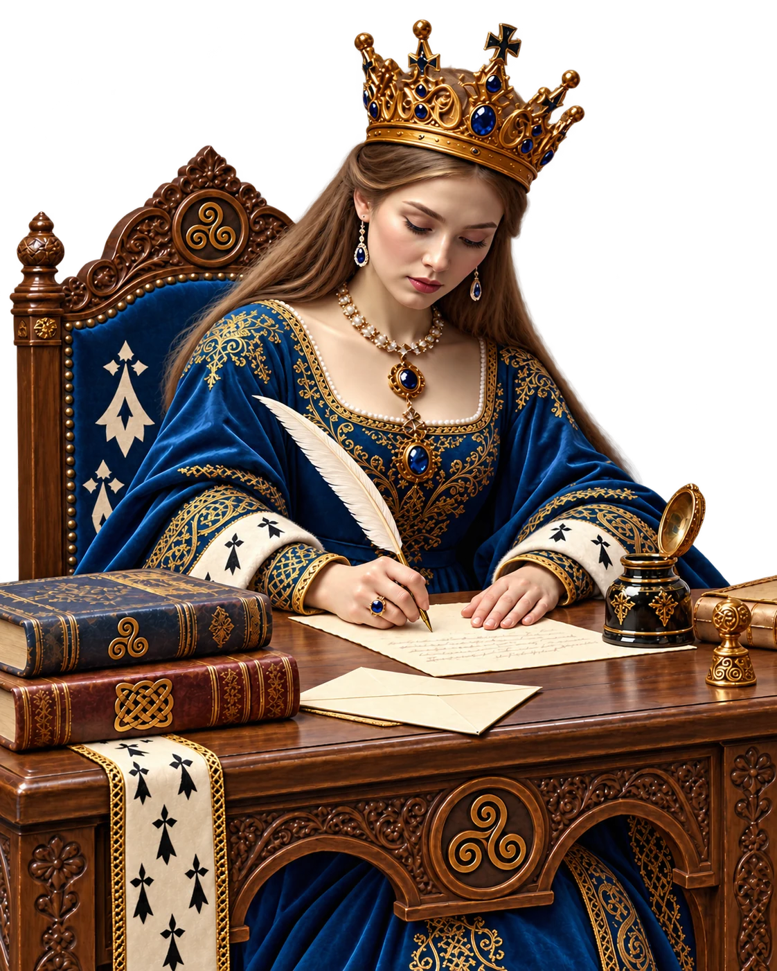 Anne de Bretagne écrit un courrier, le glisse dans une enveloppe, la ferme puis la scelle à la cire rouge avec une empreinte d’hermine.