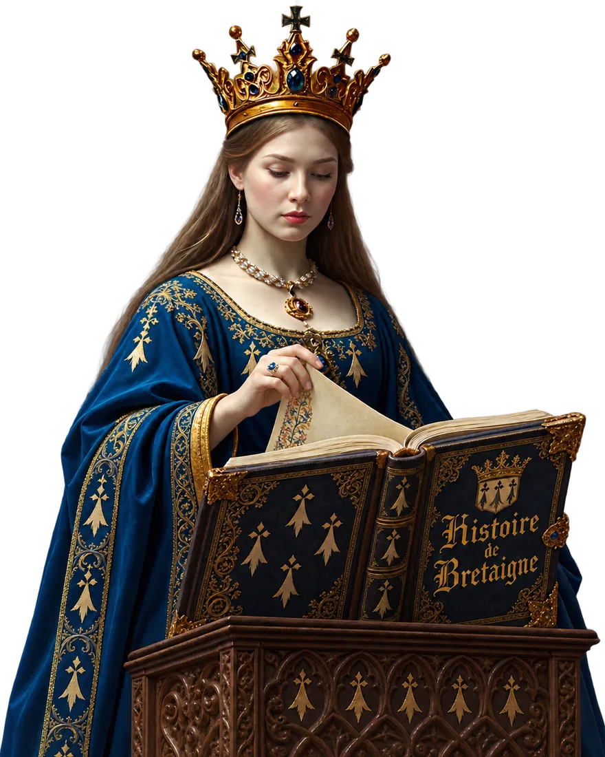 Anne de Bretagne lit Histoire de Bretaigne ; son regard se déplace doucement sur les pages.