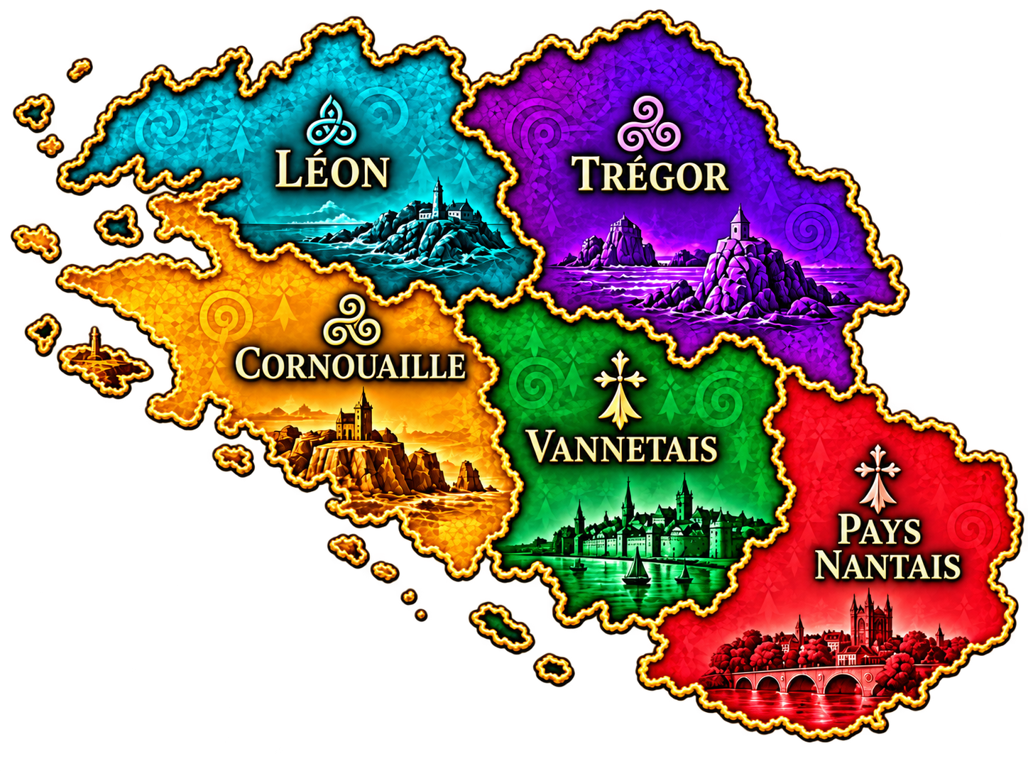 Carte illustrée des cinq pays bretons avec apparition progressive de punaises bleues