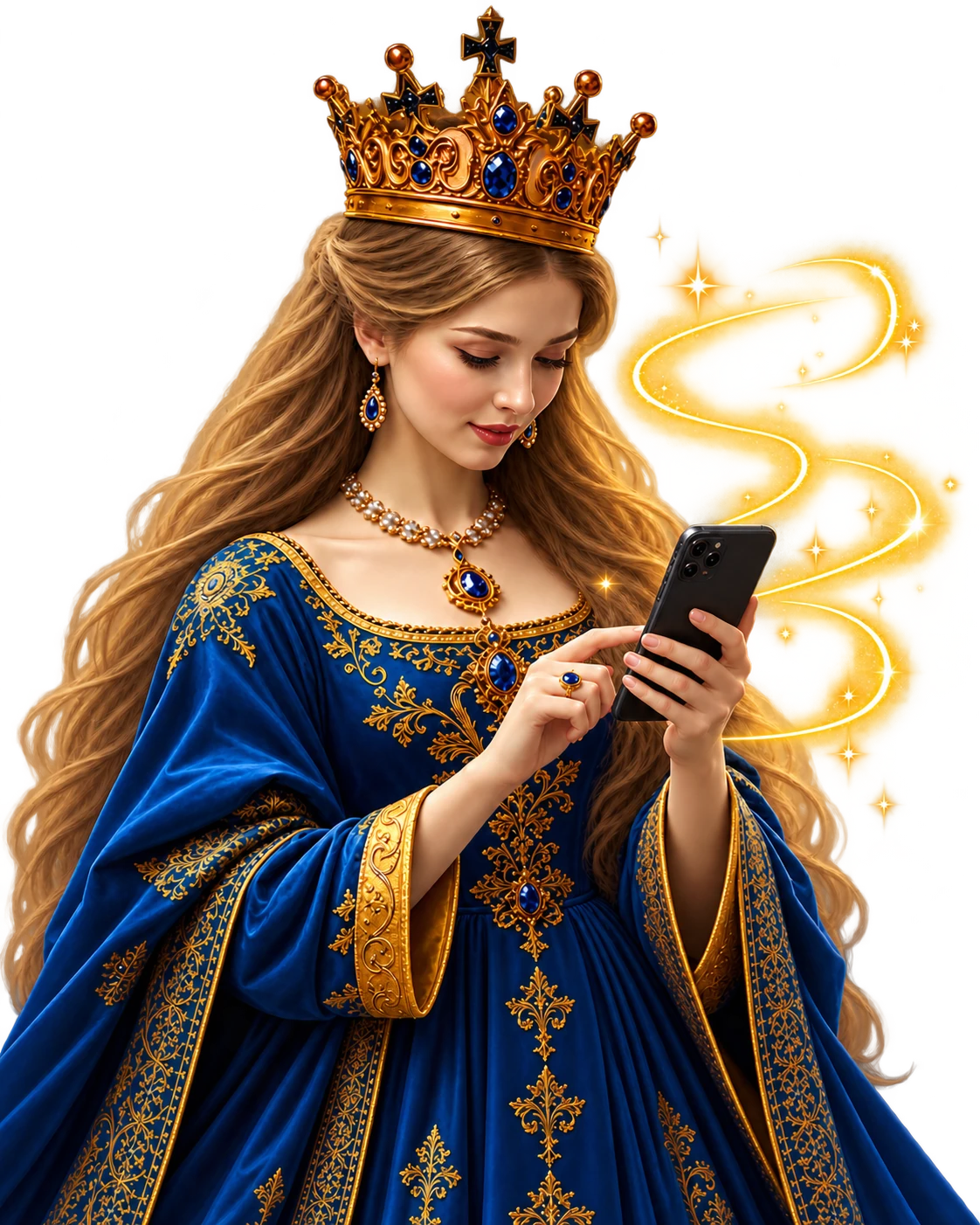 Anne de Bretagne regarde son smartphone pendant que les bulles Telegram, Discord puis WhatsApp apparaissent autour d’elle.