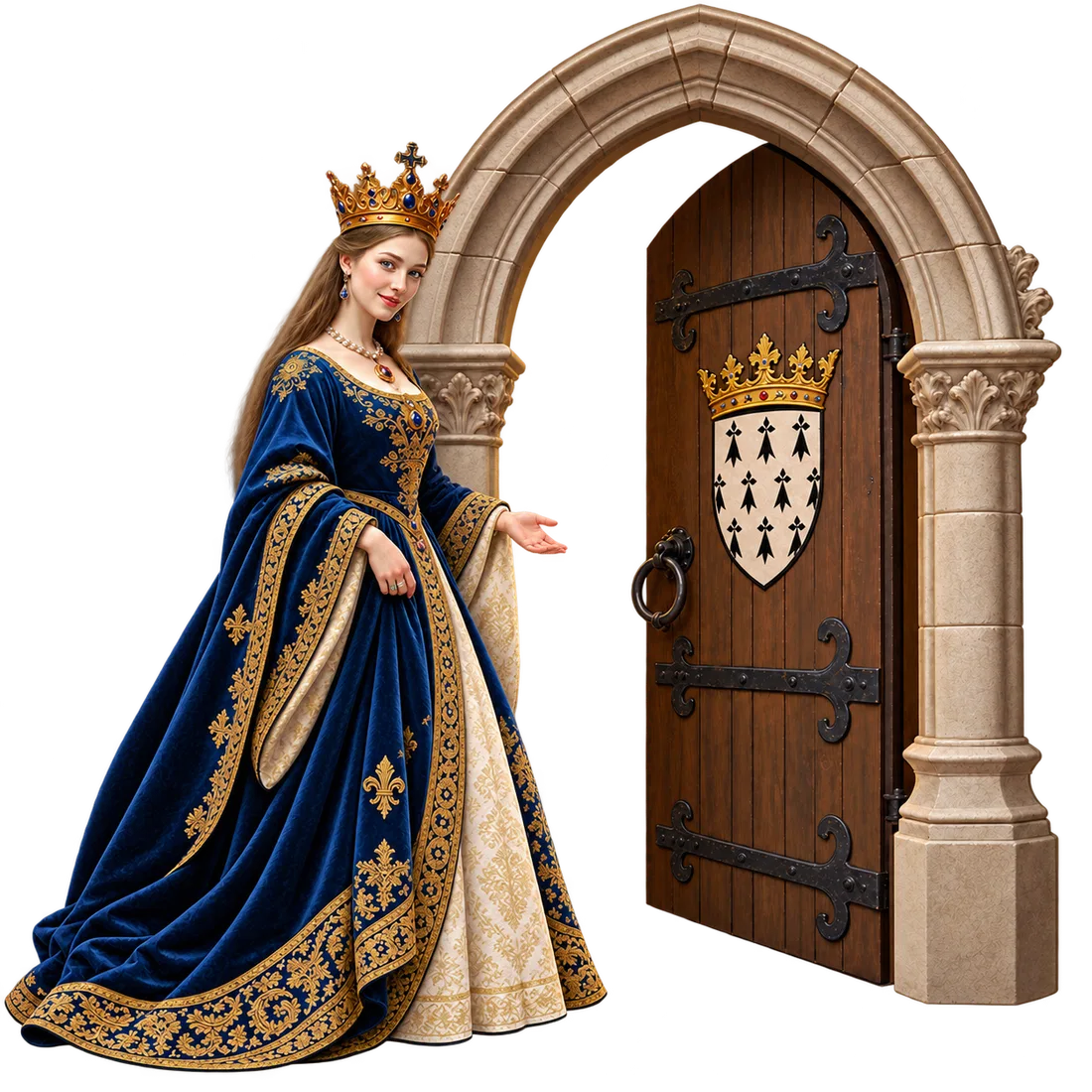 Anne of Brittany invites visitors to join the ELURC network with a welcoming hand gesture beside the Breton coat-of-arms door.