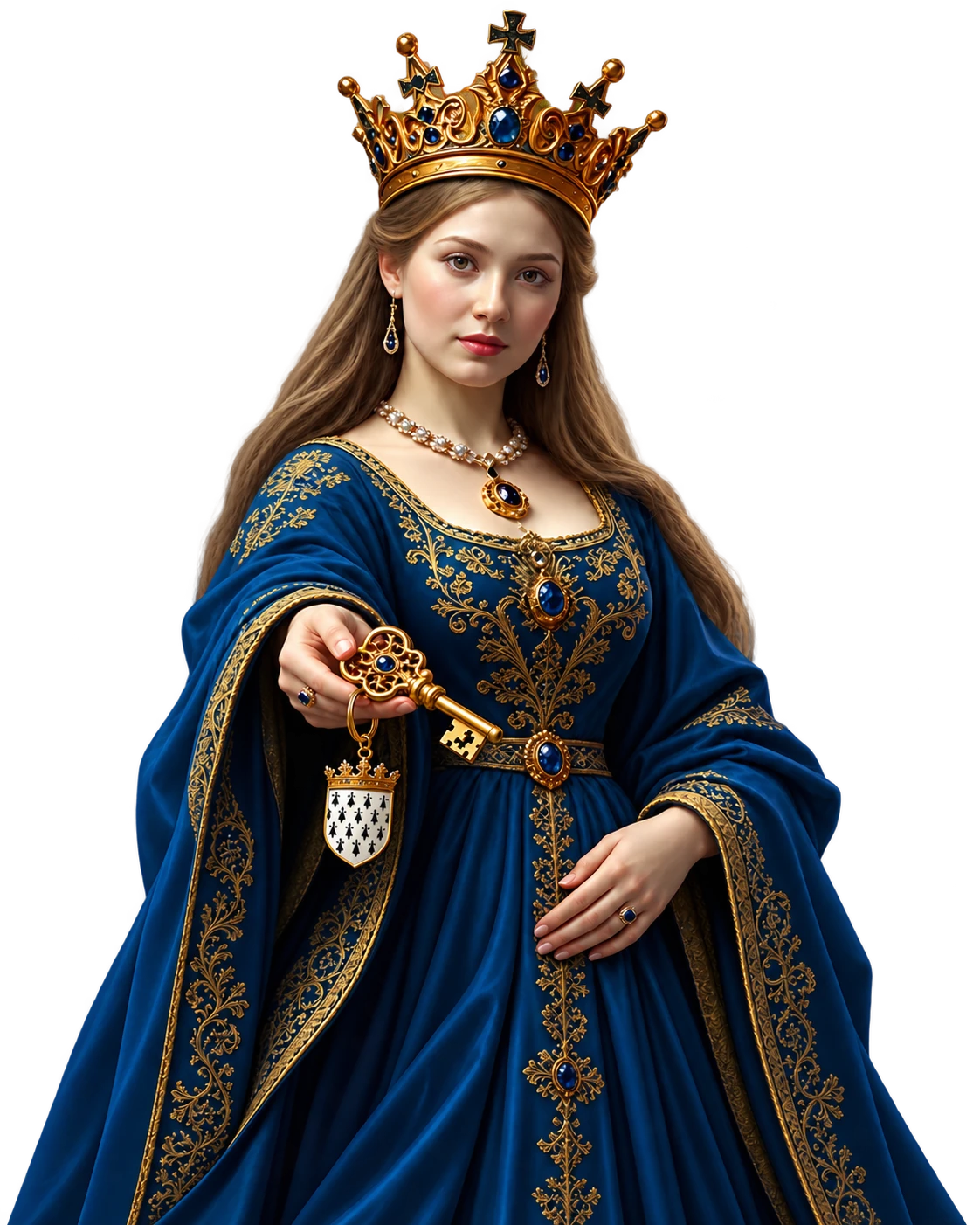 Anne of Brittany progressively extends a golden key with a Brittany coat-of-arms keyring.
