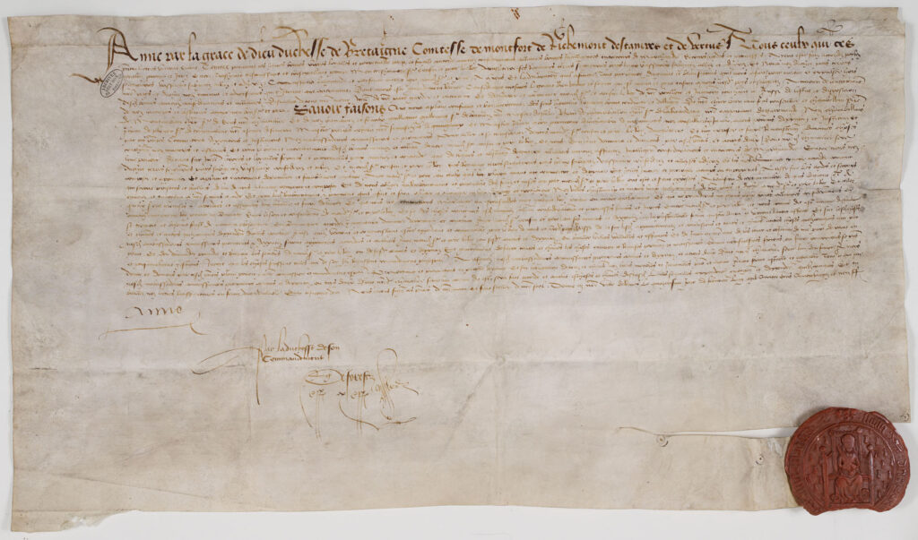 Procuration d’Anne de Bretagne sur parchemin avec son sceau pendant, Archives nationales, AE/II/525.